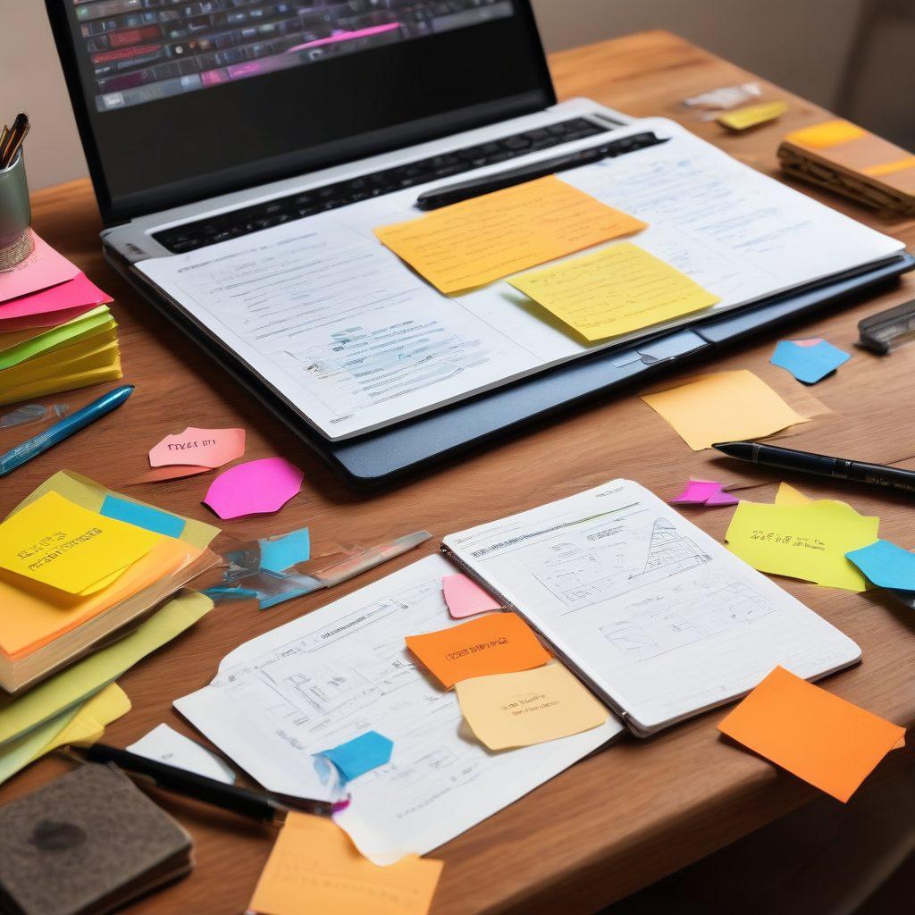 An open thesaurus and various style guides scattered on a wooden desk, with colorful sticky notes and a modern laptop displaying a communication diagram. Surrounding the books are illustrations of speech bubbles and writing tools like pens and notebooks, representing enhanced communication. Warm lighting gives a cozy atmosphere, showcasing the blending of traditional and digital resources. super-realistic. vibrant colors. soft focus.