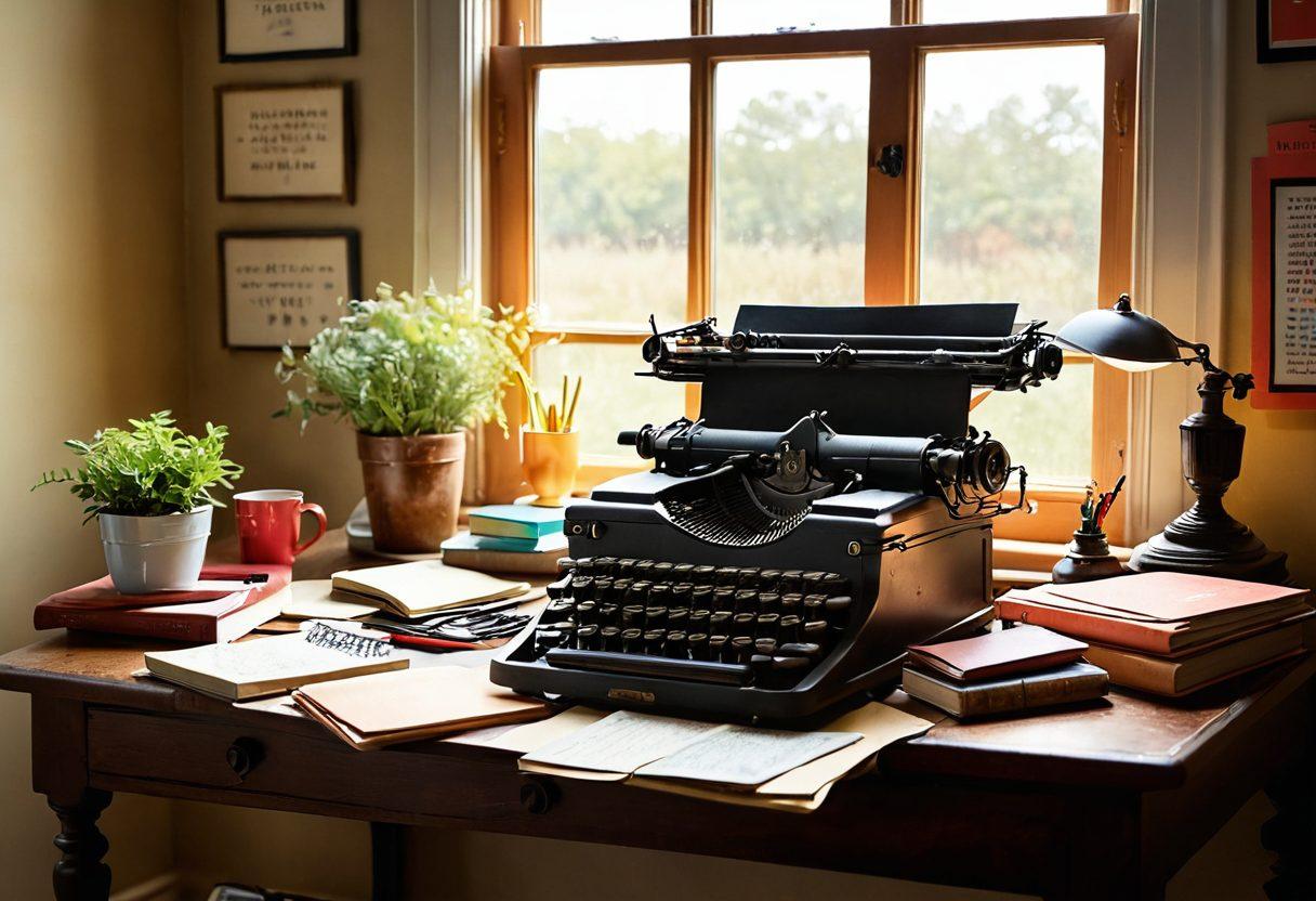 A beautifully crafted writing desk adorned with a vintage typewriter, surrounded by colorful notebooks, pens, and inspirational quotes on the walls. Soft sunlight spills through a window, illuminating an open book with flowing text and whimsical illustrations emerging from its pages, symbolizing creative expression. The atmosphere conveys a sense of passion and imagination, inviting readers to explore their writing journey. vibrant colors. warm lighting. cozy atmosphere.