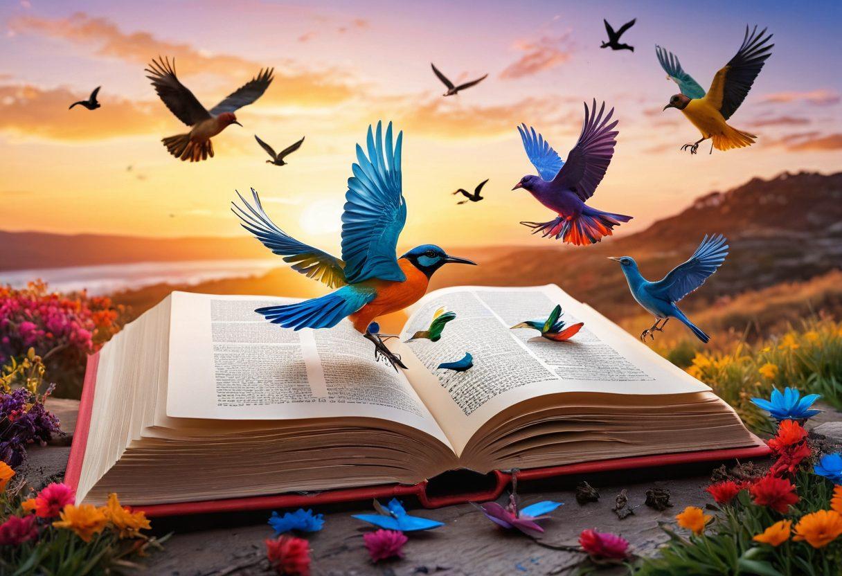 An open book with fluttering pages, surrounded by vibrant synonyms represented as colorful birds flying out in various directions. In the background, a beautiful landscape of a sunrise symbolizes new ideas and creativity, while tools like a pen and a magnifying glass elegantly rest nearby. The scene exudes a sense of discovery and exploration in language. super-realistic. vibrant colors. white background.